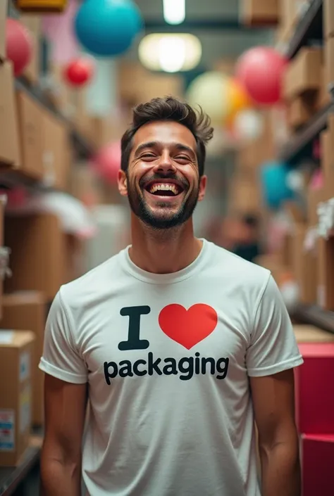 A man with an expression of extreme happiness wearing a t-shirt with "I love packaging" On the chest, in the background a scene with lots of packaging