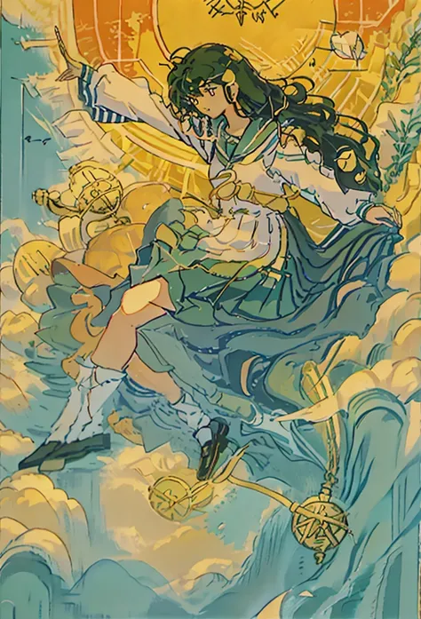 Gentle breeze：A woman of pure whiteness，kagome, Long hair flutters in the wind，A gentle breeze brushed her cheeks，Her eyes were filled with serenity and thoughtfulness, tarot card style , ((TAROT CARD ART)) that represents Kagome (wearing a green skirted J...