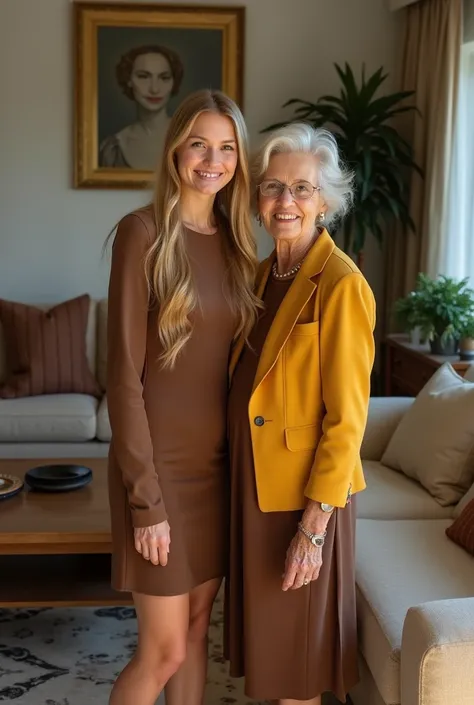 Create a realistic image of a 20 year old woman, Long blonde hair, Blue eyes, cheekbones, ((full body)), dress with a brown colored dress, black colored heels, a colored blazer jacket mustard yellow, next to his grandmother, background image: a living room...