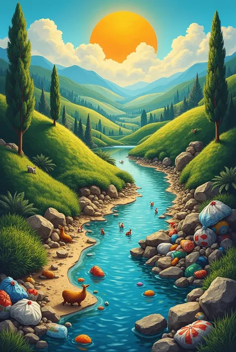 the poster divided the image into two sides. On one side, there is a vibrant, healthy planet with lush vegetation, clean rivers, and thriving wildlife. the other side of the planet as completely plastic is totally desolate, with plastic bags littering the ...