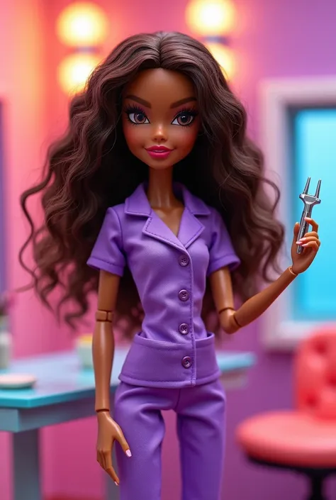 Bratz with very curly long light brown hair, light brown complexion with red lips, dark brown eyes, with eyelash tweezers in her hands and a purple surgical uniform without a stethoscope  