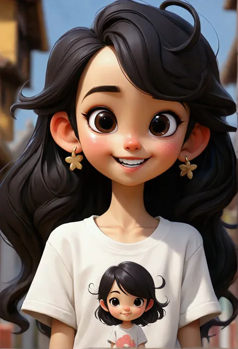 Cartoon close-up、Pop Surrealism、Realistic painting、Detailed anime soft face、cute漫画のキャラクター、cute漫画スタイル、cute漫画、cute！Length: Long、Straight black hair、Asian、What a beautiful smile!、4-year-old、Jeans on a t-shirt、Jumping