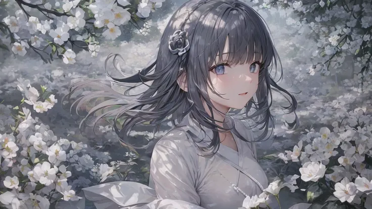 Open your mouth、Flower Field、Her eyes were shining、Mysterious and enchanting atmosphere。With AI Painting、とてもshort hair, Long bangs between the eyes, Very detailed,(masterpiece、Highest quality)、alone、Gray Hair、Fantasy, Silver Hair, Fantasyな風景、smile、Open you...