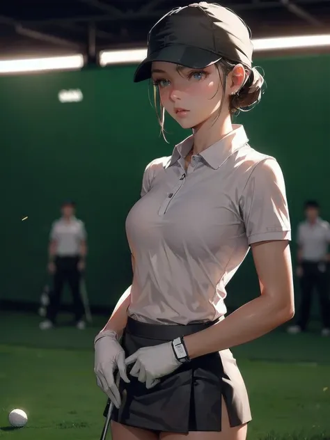  masterpiece, (textured skin), best quality, gorgeous beautiful girl, (a female golf athlete), detailed clothes,large breasts,narrow waist,, (beautiful face), cinematic lighting, (at golf venue ),