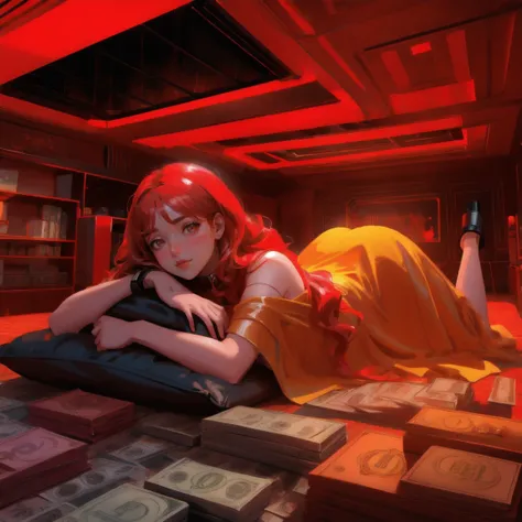 A girl lying on a red-themed bed, surrounded by stacks of cash and Bitcoin. The room is filled with futuristic elements, including floating cars and a mesmerizing vortex leading to a city of gold, all bathed in a warm, glowing red light.