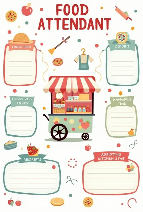 Create a graphic organizer duties & responsibilities of a food attendant make it CREATIVE and uniques the art should be easy and so that can be easily be drawn make it simple but BEAUTIFUL make it 5 duties and 5 responsibilities make it clip art