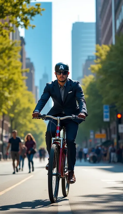 Captain America goes to work by bike, wearing a helmet and a neat suit.