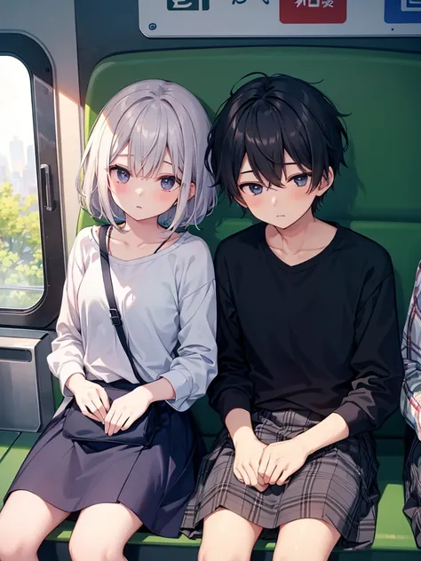 One girl and one boy、on the train、(Inside the car in the evening)、Girl and boy sitting on a bench、sit side by side、(A girl sleeps with her head resting on a boy&#39;s shoulder)、Girl with eyes closed and mouth slightly open、Blush boy、Evening scenery、Magic H...