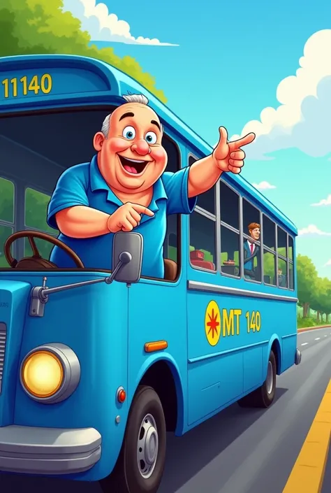 Image in cartoon format, man&#39;s, offwhite, approximately 50 years, baldie, a little overweight, pointing forward , wearing a blue polo shirt, driving a blue bus, This bus says MT and the numbers 11.140.