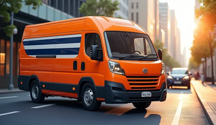 make an image of an orange delivery van with white and dark blue stripes make it realistic and of an image size for notebook background