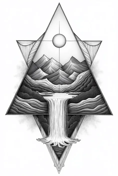 The image is a black and white drawing of a geometric design that includes a sun, moon, mountains, waves, and a waterfall. The elements are arranged in a triangular pattern.
The image may be called something like "Geometric Nature," "Elements of Nature," o...