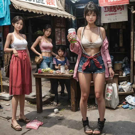 
((masterpiece、Highest quality))、Beautiful girls gather.、Three girls in summer clothes、(Showa Retro:1.2)、(Detailed and cute face:1.3)、(Poor conditions、Poor Street、Dim and unsanitary、Standing Bar、みんなで楽しくdiet、Crumbling underground shopping mall)、屋台のdiet店、sta...