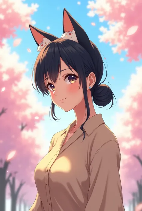 A graceful 50-year old Japanese woman who is wearIng a beige blouse with her long hair tied into single bun at back of her head. She is wearing cats ears with calico pattern. Make it anime like.