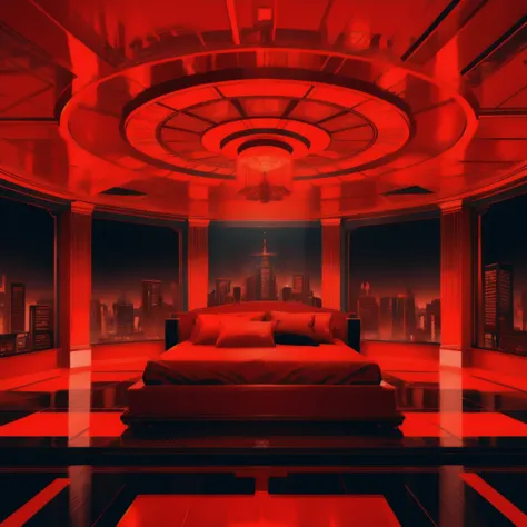 A girl in a lavish red-themed room, lying on a bed surrounded by stacks of cash and Bitcoin. The walls display futuristic charts, while the ceiling opens up to a swirling vortex leading to a distant city. The atmosphere is dominated by a fiery red hue, wit...