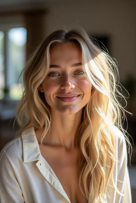 create an influencer,blonde hair,Scandinavian,light eyes,light brown skin,spotty,girl next door,Natural photo, spontaneous photo,55 mm linse, Permissive,at home, Background also sharp,smiling, further away from the camera, not looking into the camera 