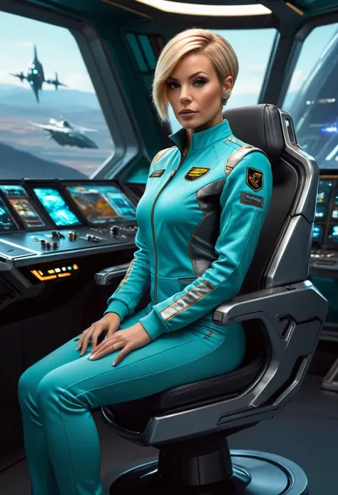 ((gorgeous realistic short hair blonde female 35 years age in a realistic futuristic large cockpit)), in a large room, ((playing Computer Games)), ((sitting on a stool with display and glowing control surfaces)), she is wearing a teal and grey gold badge t...