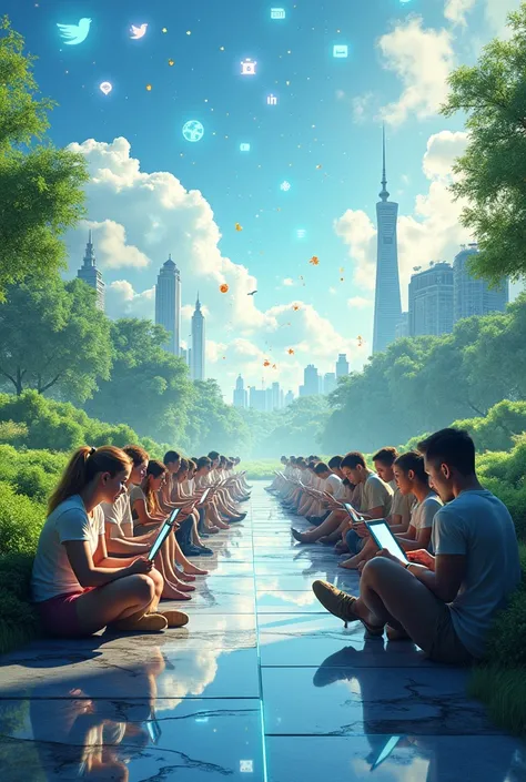 Create a vibrant digital artwork showing people of diverse backgrounds sitting in two rows, facing each other on a digitally rendered pathway filled with icons representing technology, environment, and social themes. They are engaged with digital devices l...