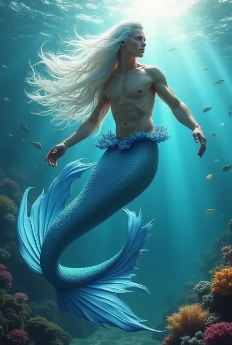 (masterpiece) best quality, expressive eyes, perfect face,long beautiful white hair,merman ear,merman leg,majestic,man,merman,blue tail merman,sharp eyes,white skin colour