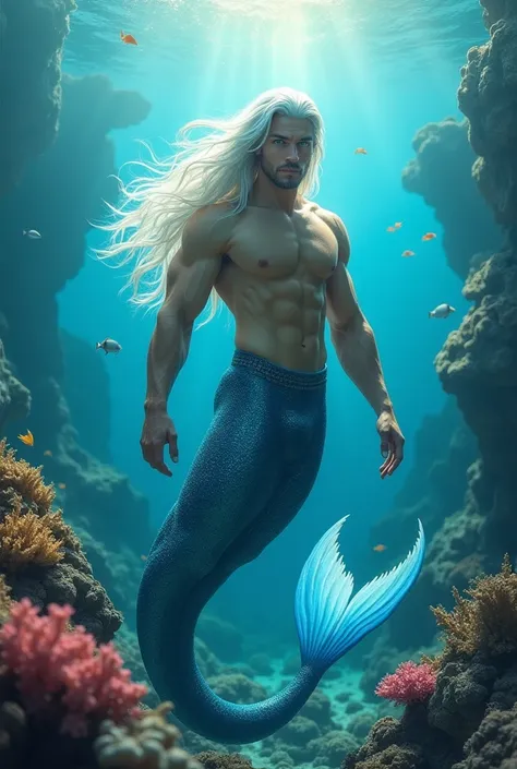 (masterpiece) best quality, expressive eyes, perfect face,long beautiful white hair,merman ear,merman leg,majestic,man,merman,blue tail merman,sharp eyes,white skin colour