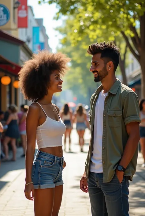 A young woman with big and beautyfull breasts wearing modern teen clothes, talking to a man 
