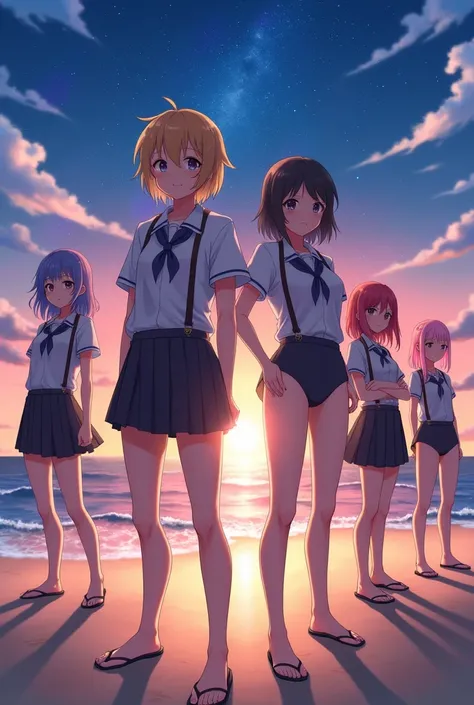 ((Very detailed (12 people:1.37) White Enoshima Beach at dusk)), (Masterpiece 8K Top Quality) (Professional Photo:1.37), {(Standing full body:1.2)|(From below:1.2)}, Different types of hair colors, {tight(skinny(School Swimsuit))[I can see your butt from y...