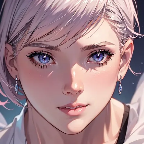 close-up shot of 1girl, light pink short hair, silver eyes, glossy lips, sapphire earrings, iper-realistic, masterpiece, cinematic lighting, best quality, anatomically perfect.