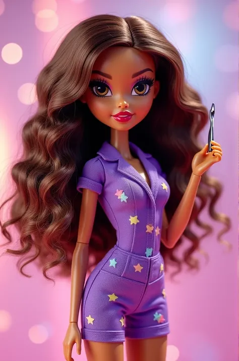 bratz doll, long light brown curly hair, dark brown eyes, with red lips, purple uniform, with eyelash tweezers in hands