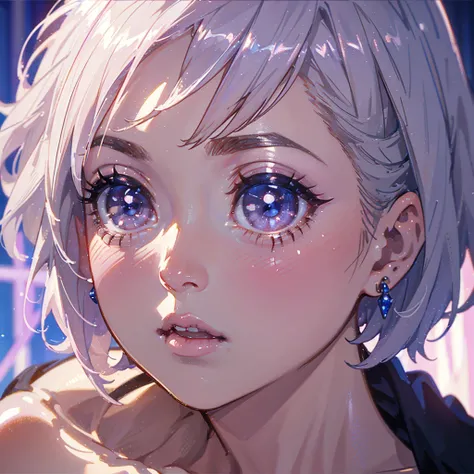 close-up shot of 1girl, light pink short hair, silver eyes, glossy lips, sapphire earrings, iper-realistic, masterpiece, cinematic lighting, best quality, anatomically perfect.
