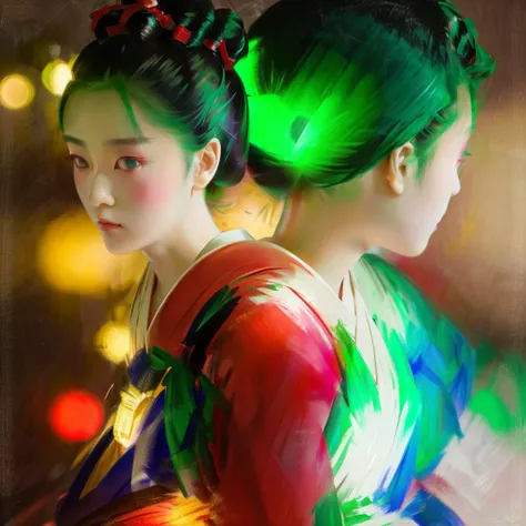 close-up shot of a woman, with green hair buns and red eyes, wearing a yukata, beautiful lights, cinematic, beautiful proportion...