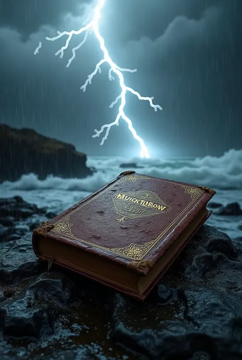  "Muicktrow"  titled brown colour historical type book  on black  rock with rain and thunder weather conditions 