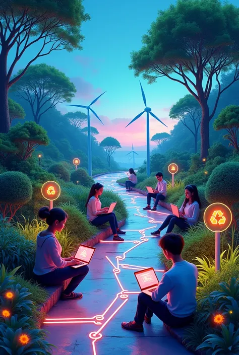 Create a vibrant digital artwork depicting diverse, digital people sitting and standing along a futuristic path surrounded by greenery. They are using laptops and smartphones, symbolizing digital progress. Include eco-friendly elements like recycling icons...