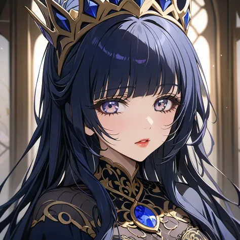 ((highest quality)), ((masterpiece)), (detailed), （perfect face）、the woman is reika aoki, an evil queen with midnight blue semi-...