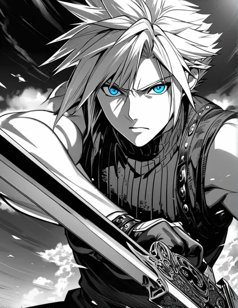 Ultra detailed, Highres, absurdres, HDR, 1boy, male focus, cloud strife, final fantasy, very detailed face and eyes, manga , monochrome , line,   fight stance, sword, (tank), battoujutsu stance, bounce back, wield a sword