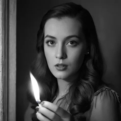 film noir style,  a woman holding a lighter in her hand staring at camera, cinematic,film,hollywood,crime,drama,dramatic,dramati...