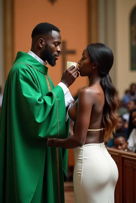 An African catholic priest offering sacrament to a lady in skirt church.
He puts the sacrament to ladys mouth 
Priest gown to be in green color
A man behind the lady observing the sacrament offering to the lady
Ensure the lady is wearing a tight skirt colo...