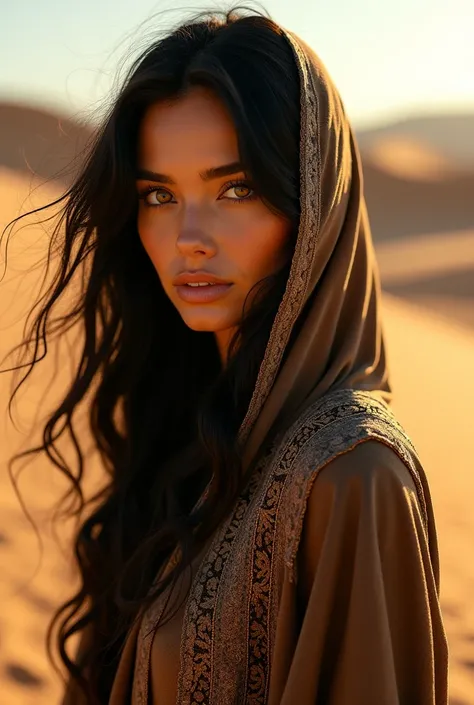 Beautiful woman with black hair and yellow eyes wears a robe that covers her head, is in the desert ,Realistic digital art Only the face is visible
