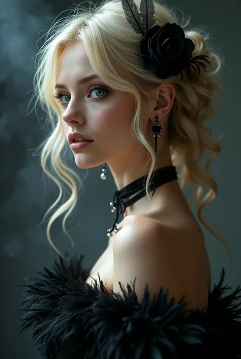 blond woman with black feathers and a flower in her hair, sexy and nude,  and a shaved pussy visible,wearing gothic accessories, gothic princess portrait, gothic harts, an elegant gothic princess, dreamy and ethereal and dark, gothic regal, magic and steam...