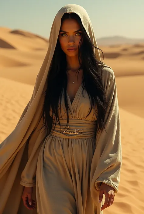 Beautiful woman with black hair and yellow eyes wears a robe that covers her head, is in the desert ,Realistic digital art Only the face is visible, dune movie style
