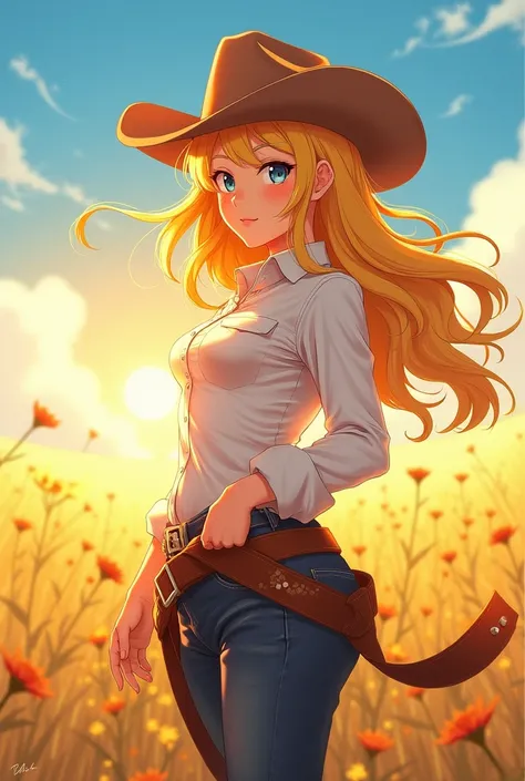 Beautiful anime girl,yellow hair,confident,naked,big breast and nipples,cowgirl pose