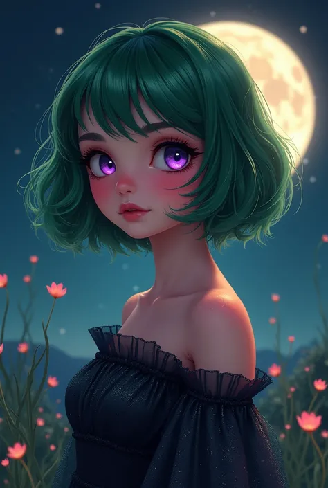 A beautiful teenage girl with short hair as green as strawberry leaves and a face as red as a strawberry, Eyes round like the moon colored purple, Wearing a dark, sparkling dress like galaxy, Facing forward