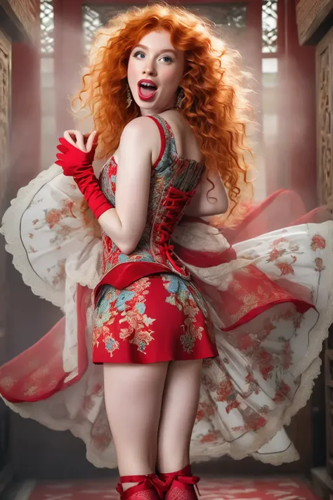 a european girl with vibrant ginger hair and grey eyes, playfully sticking out her long tongue. she wears a stunning red dress a...