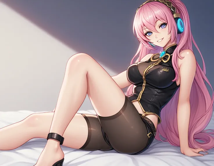 1 girla(cool, vocaloid, Luka Megurine, pink hair, long hair, straight hair, black headphone, sleeveless black short suit, side slit black skirt, black long socks, yellow long boots, smile), kneeling