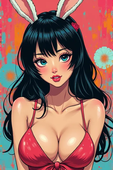 japanese woman, bunny ears, portrait , (Andy Warhol), anime, cell shading, big breasts, cleavage, sexy, 