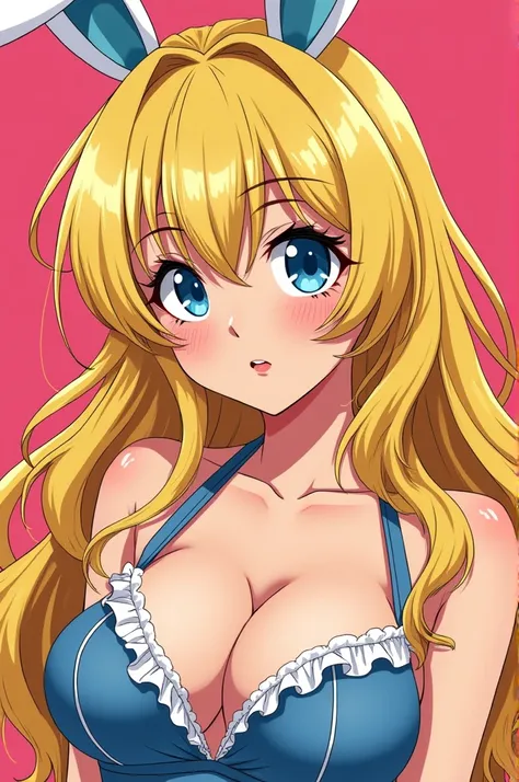 japanese woman, bunny ears, portrait , (Andy Warhol), anime, cell shading, big breasts, cleavage, sexy, blonde hair, blue eyes, 