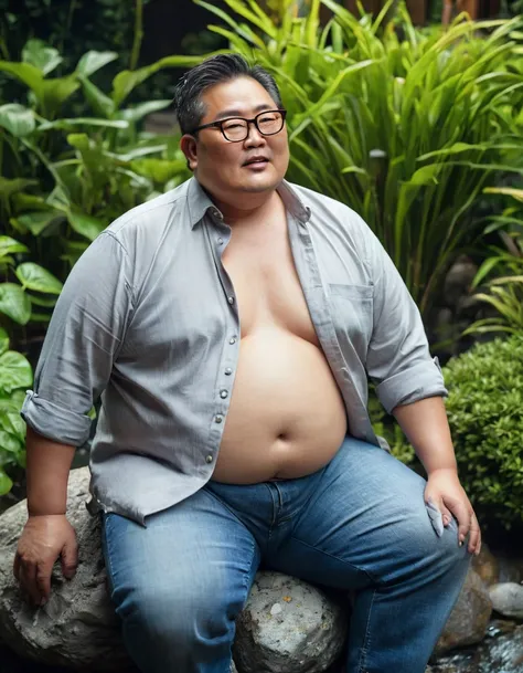 Man, Asian, 50 years old, Fat, Chubby, wearing glasses,( Put on a thin, light grey shirt, unbutton the shirt ), Unbuttoned, Shirtless, wearing jeans, Sitting on rocks, in the garden, Wet, stained, perfect lighting, top view.