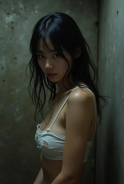 A gang caught a Korean hottie.、I took off all her clothes and touched her body parts.。Detailed skin texture, Ultra-realistic　reality的　Long Hair,　Wavy hair　 Breasts in good shape, Deep Valley　 ((Dark concrete walled basement))　 (wet disheveled hair)　slave　(...