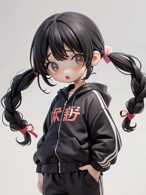 Girl、Primary school students、small、Angry、Screaming、sharp、Black Hair,、Pigtails、Braid、The forehead is visible、Forehead、Jersey、Tracksuits、Clothing patterns、Clothing Design、The front is open、whole body、
