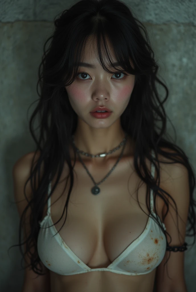 A gang caught a Korean hottie.、I took off all her clothes and touched her body parts.。Detailed skin texture, Ultra-realistic　reality的　Long Hair,　Wavy hair　 Breasts in good shape, Deep Valley　 ((Dark concrete walled basement))　 (wet disheveled hair)　slave　(...