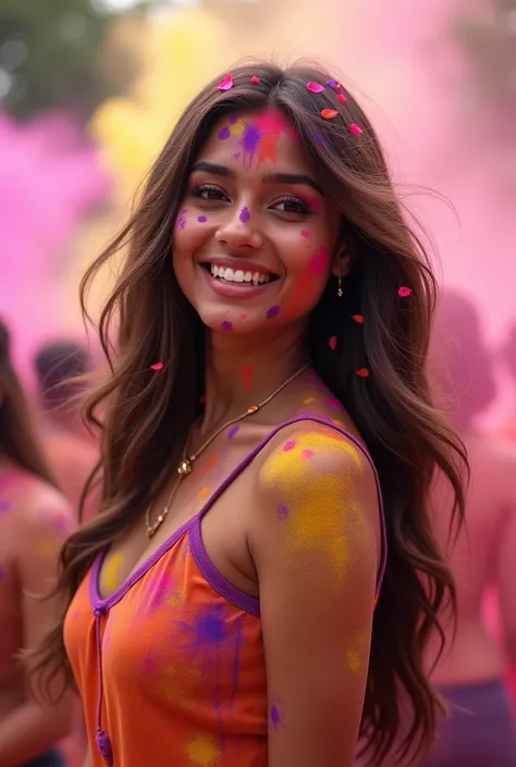 Indian woman, naked, breast visible, holi