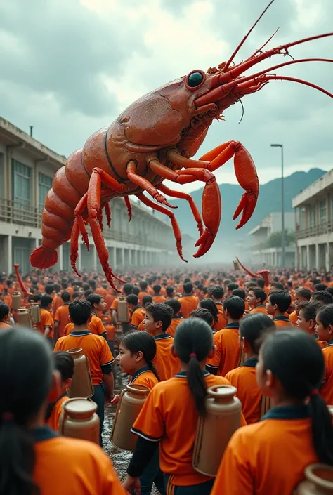 Students from the CREP school in Quilpue, Chile, fighting against giant military shrimps with gas canisters